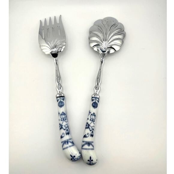 VTG Floraine AE Lewis‎ Sheffield Silverware Serving Large Spoon Fork Porcelain - Picture 1 of 5